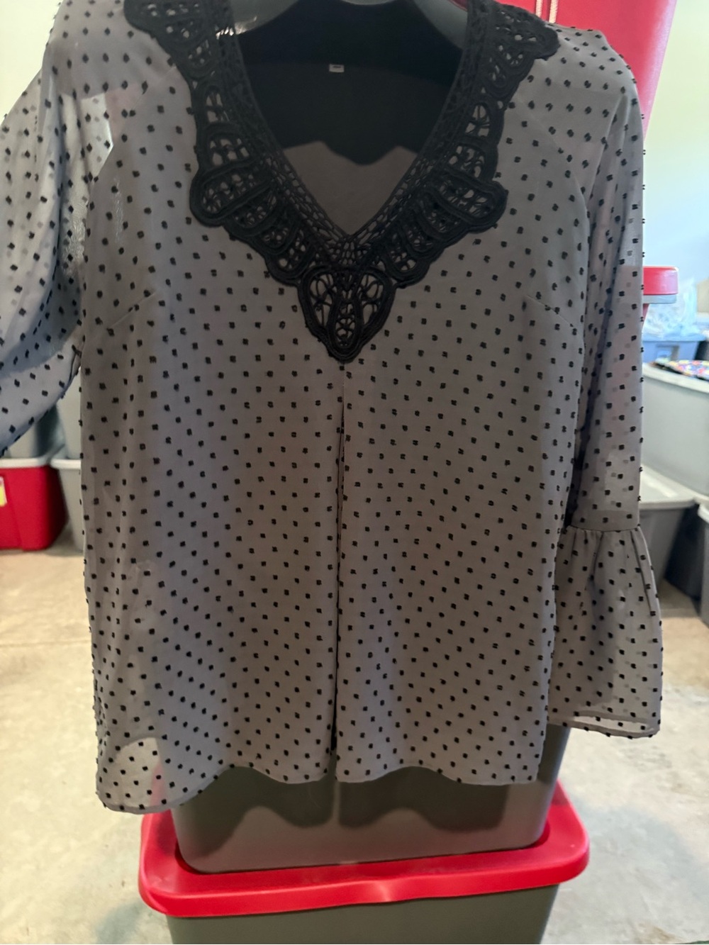 Women’s Polka Dot V-Neck Blouse with Lace Trim - Black/Gray p37